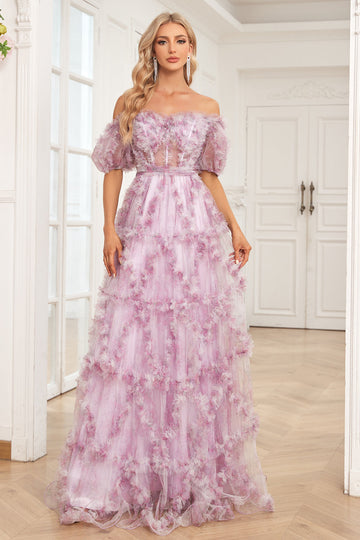 Charmant Une ligne de l’épaule violet soirée Robe avec Impression